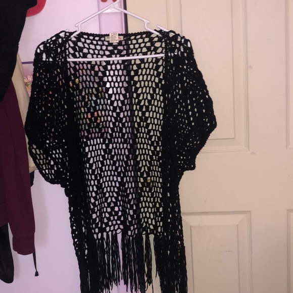 Black Fringe Short Sleeve Cardigan - Picture 1 of 7